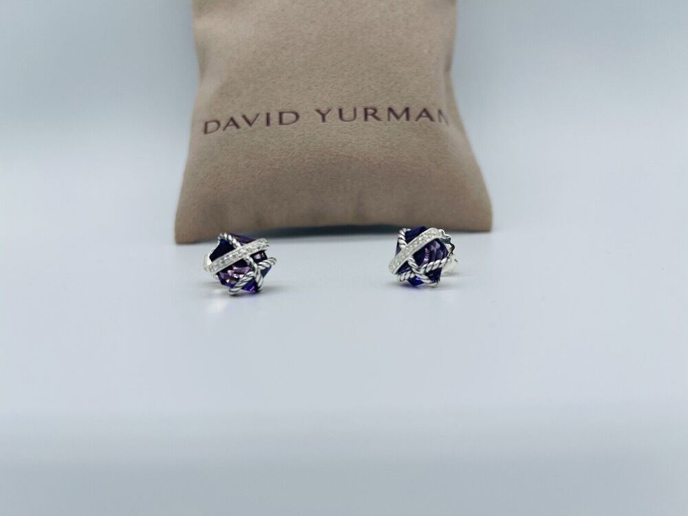 Authentic David Yurman 10mm Cable Wrap Stud Earrings with Amethyst & Diamonds